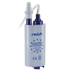 Vit och blå REICH 12V vattenpump, cylindrisk med adaptrar; 15 l/min, 1,0 bars tryck.
